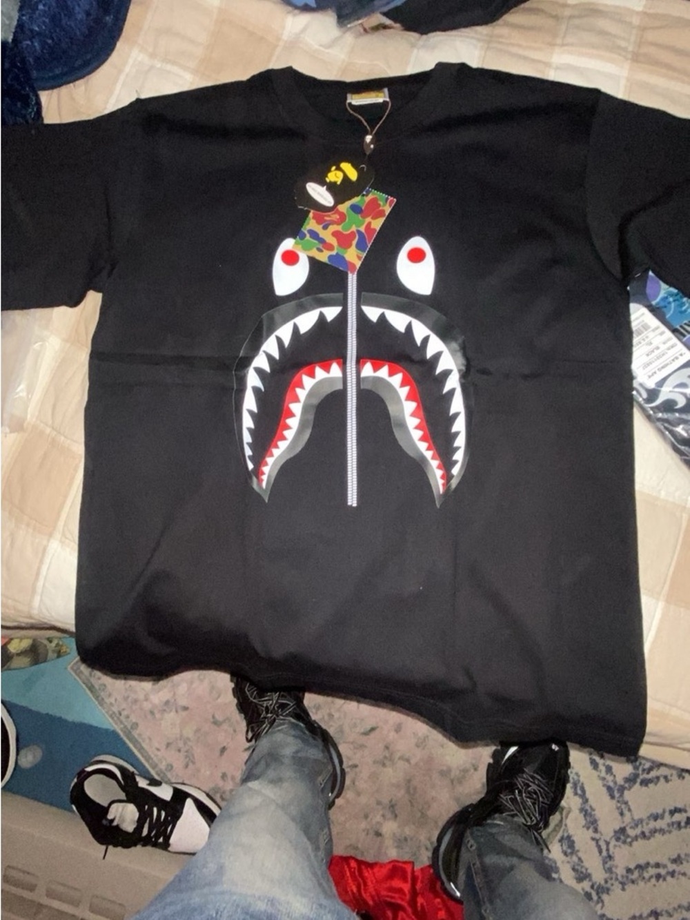 Bape Black Shark Face Tee with Multicolor Camo Detail